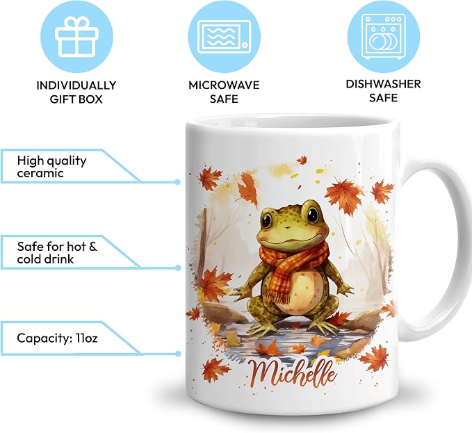 Hyturtle Personalized Fall Frog Maple Leaves Coffee Mug, Fall Autumn Décor | Birthday Gifts For Frog Lovers - Gifts For Farmhouse Thanksgiving - Custom Name 11oz White Ceramic Coffee Tea Mug