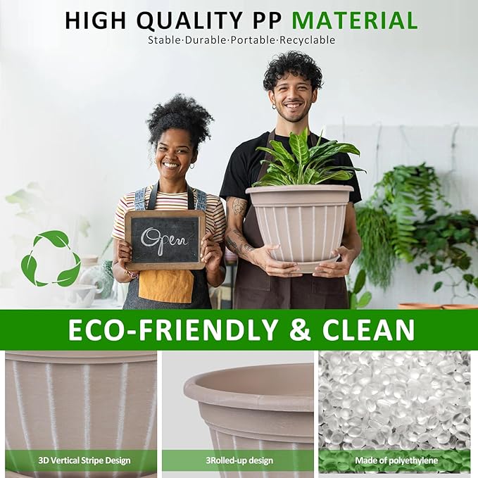 FGstyle 4 Pack 16 inch Plant Pots, Retro Vertical Stripe Planters with Drainage Holes and Saucer, Sturdy Plastic Garden Flower Pots for Indoor & Outdoor Plants(Beige)