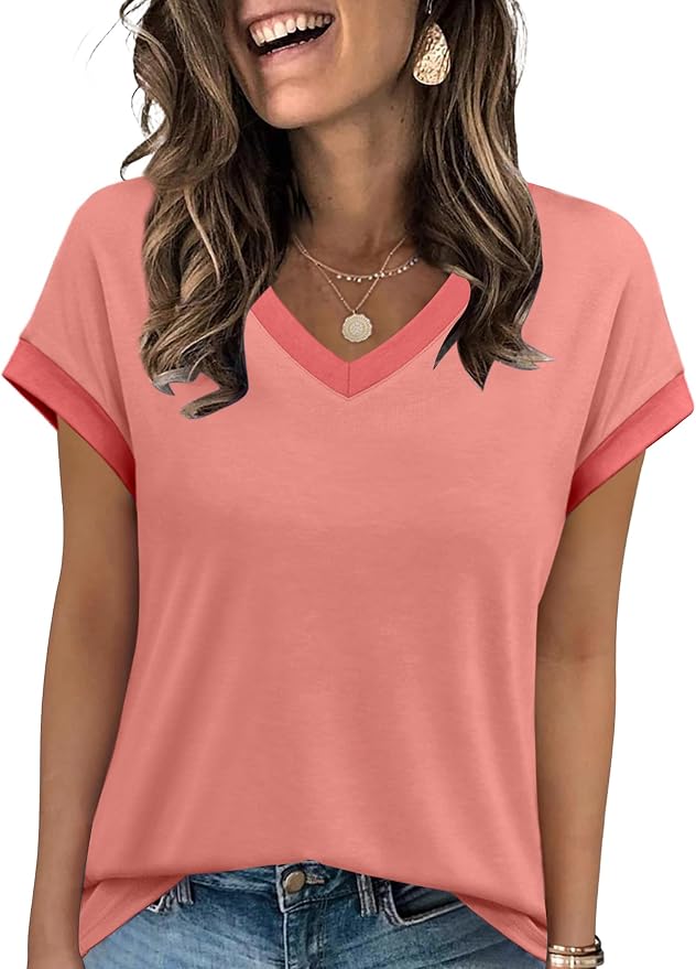 WIHOLL Womens Summer Tops 2026 Cap Short Sleeve Shirs V Neck T Shirts Fashion Beach Vacation Clothes Color Block