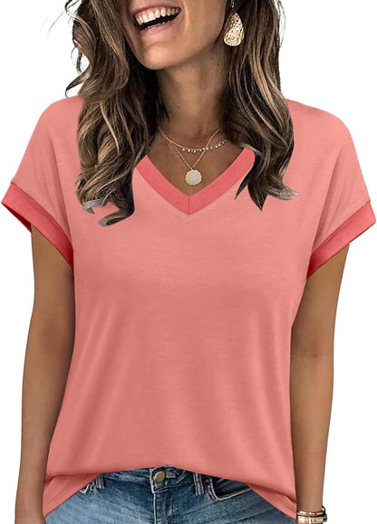 WIHOLL Womens Summer Tops 2026 Cap Short Sleeve Shirs V Neck T Shirts Fashion Beach Vacation Clothes Color Block