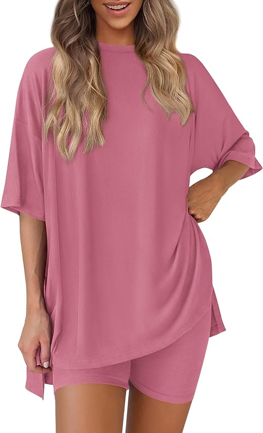 PRETTYGARDEN Women 2 Piece Lounge Set 2026 Summer Casual Oversized Shirts Biker Shorts Matching Airport Travel Outfit Clothes