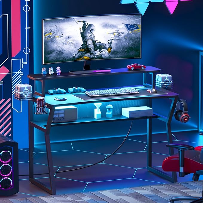 Gaming Desk with Power Outlet&Led Lights, Computer Desk with Monitor Stand and Open Shelf,Gamer Table Workstation with Cup Holder, Headphone Hook, 2 Speaker Stand for Home Office