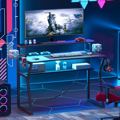 Gaming Desk with Power Outlet&Led Lights, Computer Desk with Monitor Stand and Open Shelf,Gamer Table Workstation with Cup Holder, Headphone Hook, 2 Speaker Stand for Home Office
