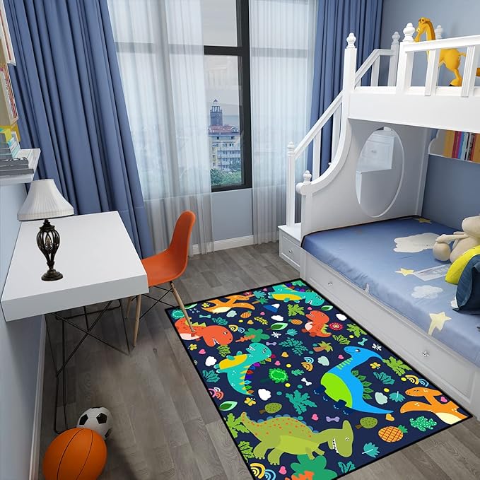 Dinosaur Rugs for Boys Bedroom Cute Dinosaur Area Rug and Leaves Print Dinosaur Rug Kids Rug Play Rug Dinosaur Carpets Cartoon Rug for Playroom Classroom,Blue 3'×5'