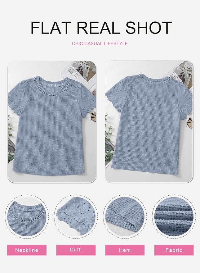 SHEWIN Womens Frenchy Summer Tops Crewneck Short Sleeve T Shirts Casual Waffle Knit Jacquard Blouses Top Shirts