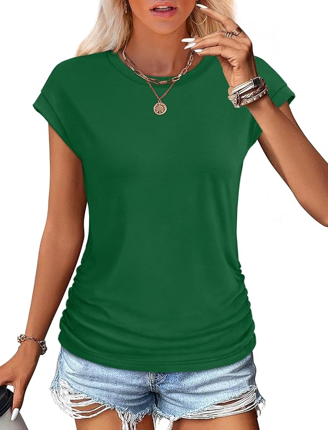 Sampeel Womens Summer Tops Trendy 2026 Ruched Cap Short Sleeve Tshirts Shirts Crew Neck T Shirts Fashion