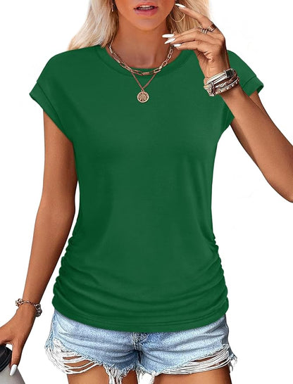 Sampeel Womens Summer Tops Trendy 2026 Ruched Cap Short Sleeve Tshirts Shirts Crew Neck T Shirts Fashion