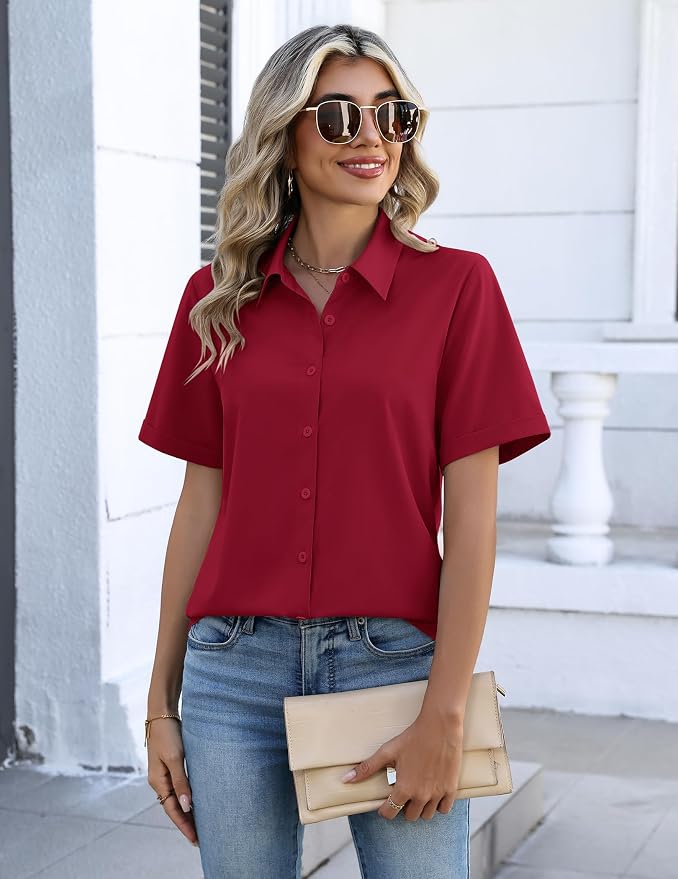 Zeagoo Button Down Shirts for Women Short Sleeve Collared Tops Dressy Casual V Neck Blouses