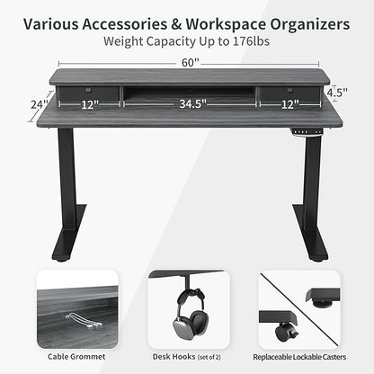 FEZIBO 60 x 24 Inch Height Adjustable Electric Standing Desk with Double Drawer, Stand Up Desk with Storage Shelf, Sit Stand Desk, Grey
