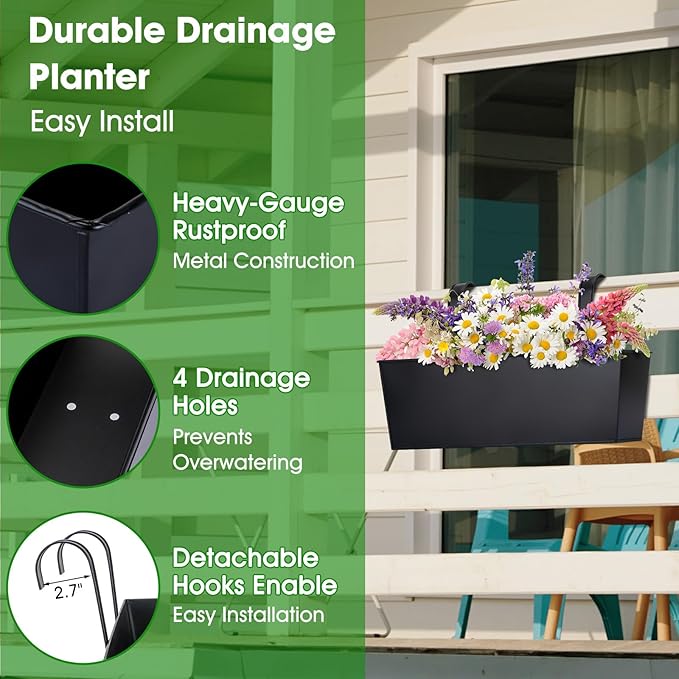 OGIMA 16-Inch Railing Planter Box, 3 Pack Large Hanging Planters for Outdoor Plants with Adjustable Wide Hooks for 2.7'' Railings - Balcony Planters Railing Hanging for Deck, Fence & Patio Decor