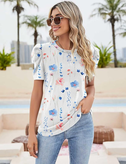 Ivicoer Puff Short Sleeve Shirt for Women Eyelet Tops Summer Crewneck Blouse Loose Fit S-XXL