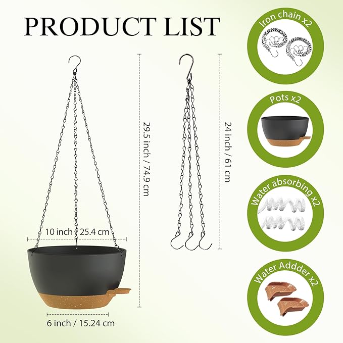10 Inch Hanging Baskets 2 PC with Chains, Self-Watering Hanging Planters for Indoor Outdoor Plants, Plastic Hanging Flower Pots,Black Brown