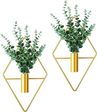 2 Pieces Gold Wall Decor Hanging Planters with Artificial Plants Metal Vase Indoor Plants Holder Modern Geometric Wall Art for Home Bathroom Bedroom Living Room Office(Eucalyptus,Medium)