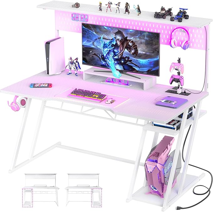 55'' White Gaming Desk with Hutch and LED Lights, Gaming Computer Desk with Storage Shelves & Z-Shaped Legs, Reversible PC Gaming Desk with Pegboard, Ergonomic Desk for Bedroom, Carbon Fiber Surface