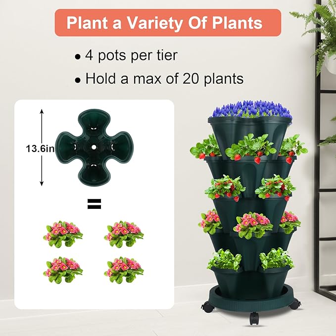DUNCHATY Stackable Vertical Garden Planter with Wheels, 5 Tier Herb Planter Pots for Growing Vegetables and Succulents, Pine Green