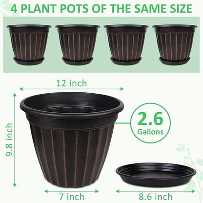 FGstyle 12 Inch Pots for Plants,4 Pack Tall Planters,Large Flower Pots with Drainage Hole & Saucer,Decorative Outdoor Planter for Planting Medium Large Plants(Black