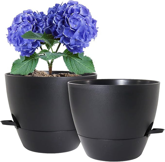 10 inch Self Watering Pots, 2 Pack Plastic Planters with Mesh Drainage Holes for Garden Plants and Flower, Plants Pots with Deep Reservoir for Indoor Outdoor Plants, Black