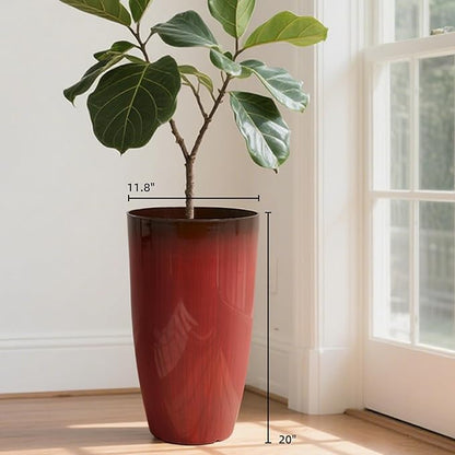 Worth Garden 20" H. Plastic Planters - Set of 2 Gradient Red Glossy Smooth Finish - Tall Plant Pots Drain Hole for Indoor Outdoor Use - Decorative Lightweight Flower Pots for Front Porch, Patio, Deck