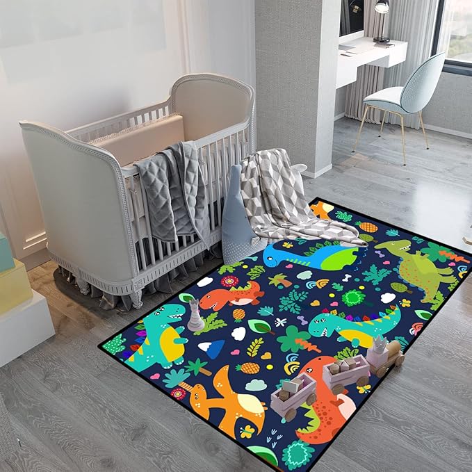 Dinosaur Rugs for Boys Bedroom Cute Dinosaur Area Rug and Leaves Print Dinosaur Rug Kids Rug Play Rug Dinosaur Carpets Cartoon Rug for Playroom Classroom,Blue 3'×5'