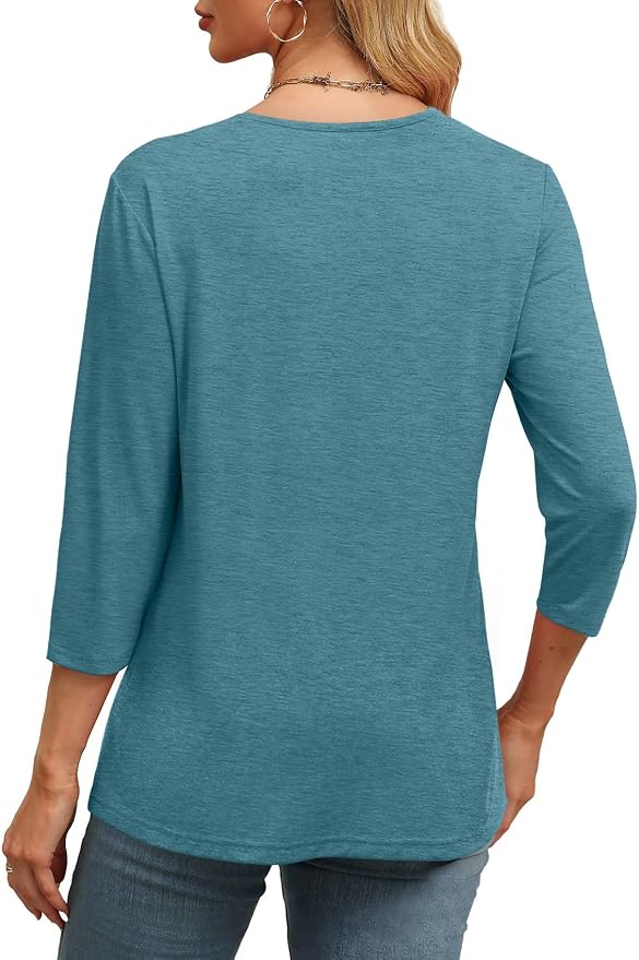 WIHOLL Womens Tops 3/4 Length Sleeve V Neck Casual Tunic Tops Basic Shirts Loose Fit Blouse
