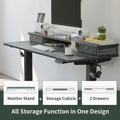 FEZIBO 60 x 24 Inch Height Adjustable Electric Standing Desk with Double Drawer, Stand Up Desk with Storage Shelf, Sit Stand Desk, Grey