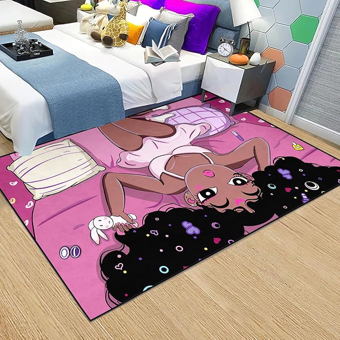 Black Magic Girls for Bedroom Large Cute African American Girls Floor Rugs for Bedroom Black Magic Girl Area Rug Girls Room Decor Pink Room Decor for Teen Girls, 4'×5'