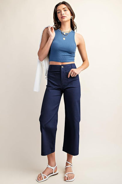 miduo Womens High Waisted Cropped Wide Leg Stretchy Straight Pants Trousers with Pockets