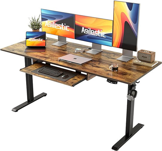 Height Adjustable Desk with Keyboard Tray, 63 x 24 Inches Electric Standing Desk, Stand up Computer Table with Memory Preset, Modern Lift Motorized Gaming Workstation, Rustic Brown