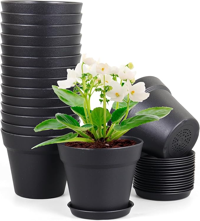 6 inch Nursery Pots, 16 Pack Plastic Plant Pots for Indoor Outdoor Plants, Flower Pots with Drainage Holes and Saucers, Decorative Seedling Starter Planters for House Plants, Black