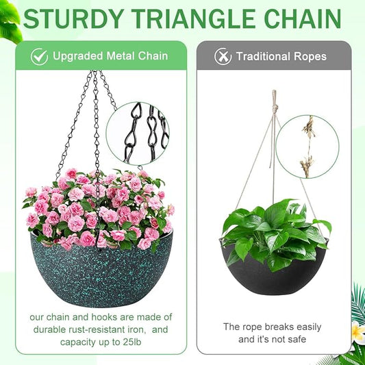 10 inch Hanging Planters for Indoor Plants, 2 Pack Planters for Outdoor Plants with Drainage Holes and Chain, Round Plastic Hanging Baskets, Hanging Flower Pots for Balcony Garden Decor-Black Speckle