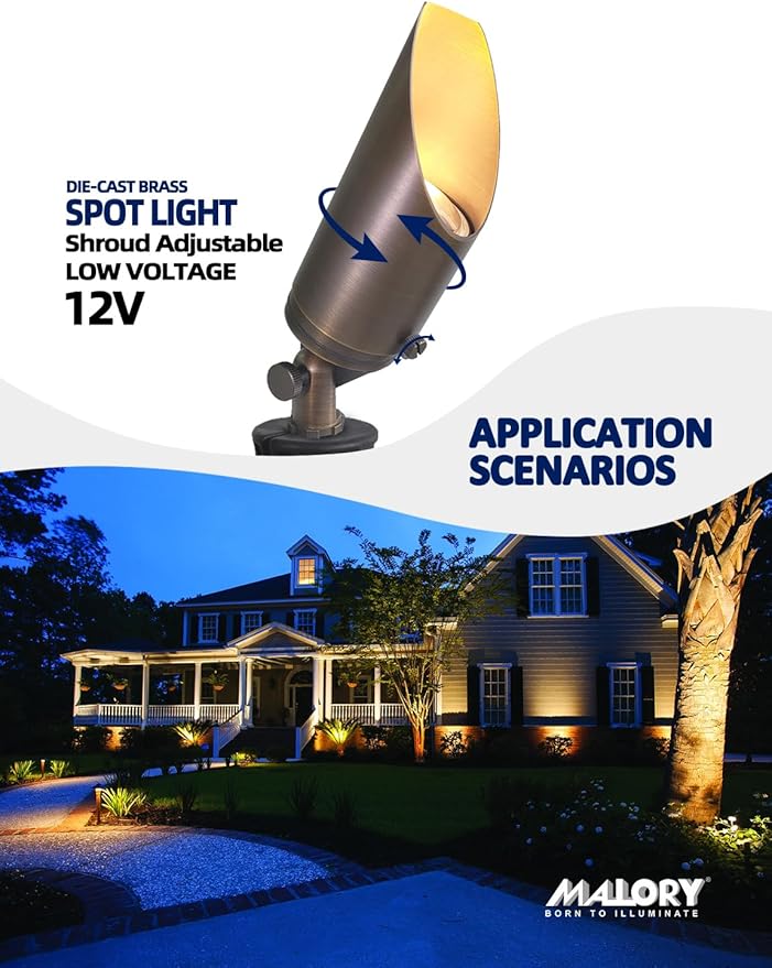 MALORY Brass Landscape Spotlight 1-Pack with 5W LED MR16 Bulb Kit(S03), 12V AC/DC Low Voltage Outdoor Landscape Lighting Shroud Adjustable,Ground Stake and Wire Connector Included,2700K Warm White