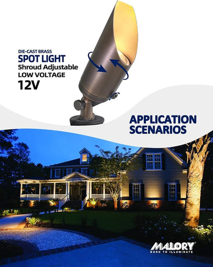 MALORY Brass Landscape Spotlight 1-Pack with 5W LED MR16 Bulb Kit(S03), 12V AC/DC Low Voltage Outdoor Landscape Lighting Shroud Adjustable,Ground Stake and Wire Connector Included,2700K Warm White