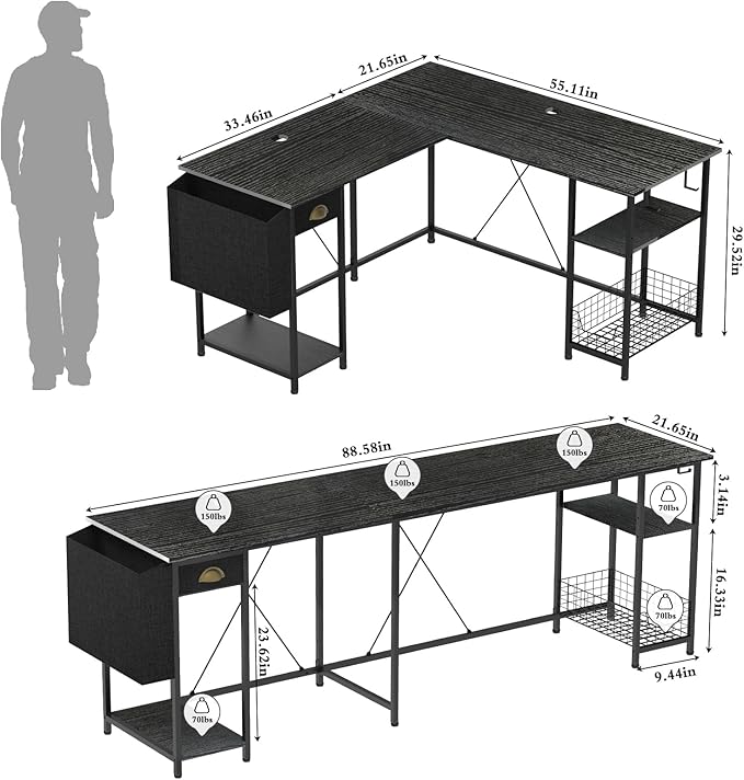 X-cosrack 88.5inch Large L-Shaped Computer Desk with Storage Shelves Drawer, Home Office Writing Corner Desk, 2 Person Long Desk PC Laptop Workstation with Hooks Storage Bag Cable Hole-Black