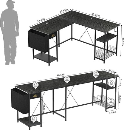X-cosrack 88.5inch Large L-Shaped Computer Desk with Storage Shelves Drawer, Home Office Writing Corner Desk, 2 Person Long Desk PC Laptop Workstation with Hooks Storage Bag Cable Hole-Black