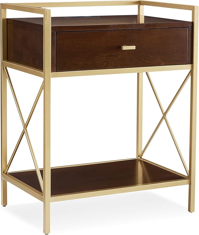 Leick Home 9069-WA One Drawer Nightstand Side Table Contemporary Modern USB-C Fast Charging Station A/C USB Charging Port Integrated Durable Solid Metal Wood Living Room Bedroom Office Walnut and Gold