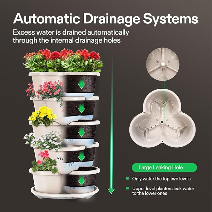 VIVOSUN 2-Pack 5 Tier Vertical Gardening Stackable Planter for Strawberries, Flowers, Herbs, Vegetables, Ivory