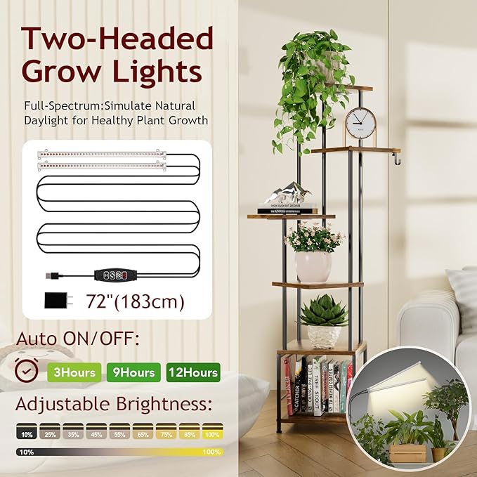 Plant Stand Indoor with Grow Light, 6-Tiered Tall Plant Stand Indoor, Metal Plant Shelf with Hanging Basket Hook and Adjustable Light, Ideal for Living Room, Garden, Patio, （Brown and Black）