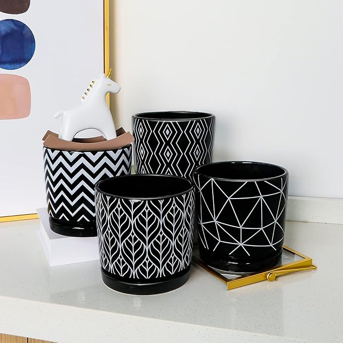 Ton Sin Flower Pots,5.5 Inch Black Ceramic Planter with Drainage Hole,Indoor Cylinder Plant Pots with Saucer,Cactus Succulent Outdoor Garden Pots Set of 4