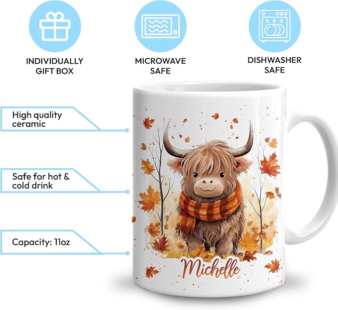 Hyturtle Personalized Fall Highland Cow Maple Leaves Coffee Mug Décor | Birthday Gifts For Cow Lovers - Fall Autumn Gifts For Farmhouse Thanksgiving - Custom Name 11oz White Ceramic Coffee Tea Mug