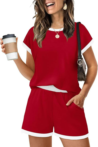 WIHOLL Two Piece Sets for Women Summer Lounge Short Sets Cap Sleeve Crew Neck Sweatsuit with Pocket XS-2XL