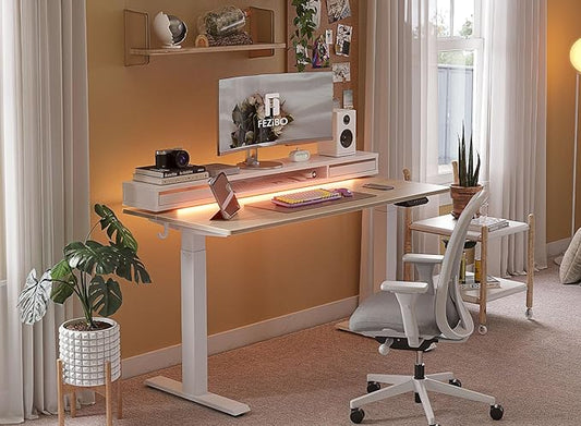 FEZIBO 60 × 26 Inch Electric Standing Desk with Monitor Stand, Height Adjustable Table with LED Strips, Ergonomic Home Office Furniture with 2 Drawers Storage Gaming Workstation, Light Walnut Top