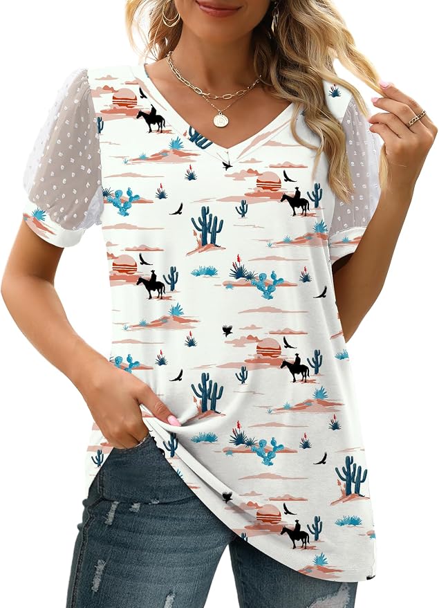 Aokosor Womens Summer Tops V Neck T Shirts Swiss Dot Puff Sleeve Tops Loose Casual Tshirts