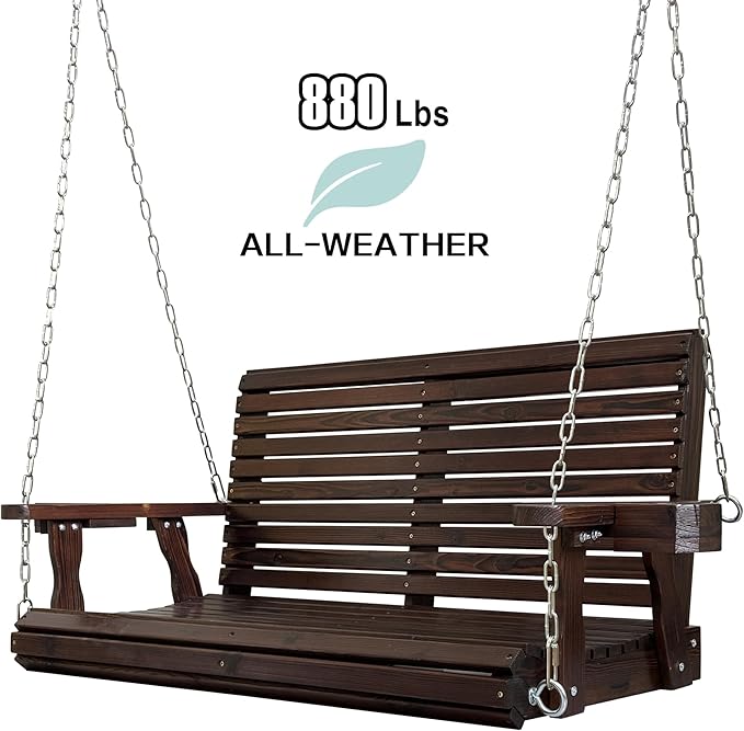 Wooden Porch Swing 2-Seater, High Backrest and Deep Seat, Bench Swing with Cupholders, Hanging Chains and 7mm Springs, Heavy Duty 880 LBS, for Outdoor Patio Garden (Deep Brown, 4 FT Extra Large)