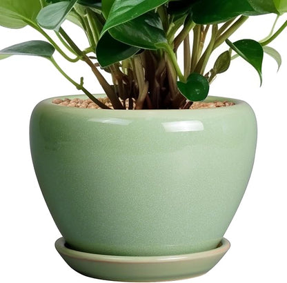 6 Inch Plant Pot - Ceramic Planter for Indoor Plants Round Planter Outdoor Plant Pot with Drainage Hole and Saucer Modern Flower Pot for Succulent Garden Green