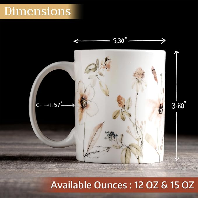 Maison d' Hermine Coffee Mug with Handles Tea Cups (15 Ounce, Pack of 2) | Fine Bone China Coffee Mugs for Hot Beverages Cappuccino Latte Home Restaurant Hotel Spring Summer -Ice Florals