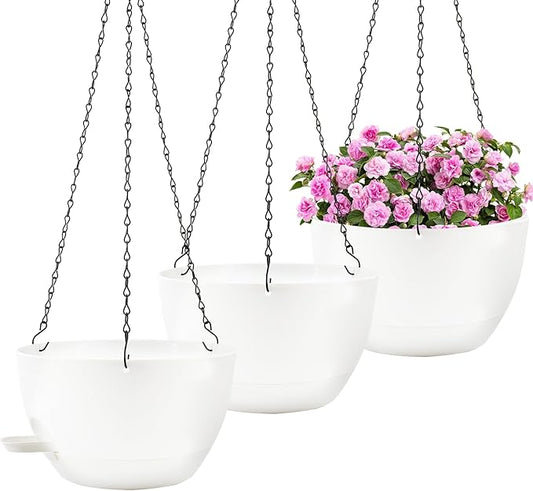 10 inch Hanging Planters for Indoor Plants, 3 Pack Self-Watering Hanging Planter Pots with Chain and Drainage Holes, Outdoor Plastic Hanging Baskets for Garden Home Decor (White, 3pcs/10inch)