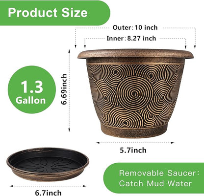 10 Inch Flower Pots Planters for Indoor Outdoor Plants, 3 Pack Plastic Large Plant Pots with Drainage Hole & Tray, Modern Decorative Garden Pot with Saucer, Plant Container for House