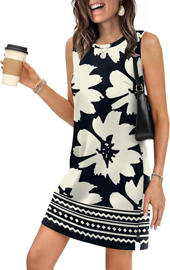 WIHOLL Casual Dresses for Women Crewneck Sleeveless Tank Dress Summer Spring Boho Vacation Clothes