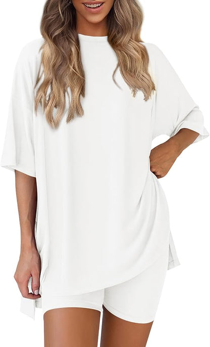 PRETTYGARDEN Women 2 Piece Lounge Set 2026 Summer Casual Oversized Shirts Biker Shorts Matching Airport Travel Outfit Clothes