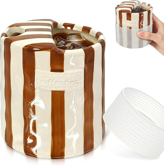 10 oz Ceramic Coffee Mug with Sip Hole & Silicone Sleeve, Brown | Cute Hand-Painted Striped Porcelain, Gift for Coffee Lover, Cold & Hot Drinks, Microwave & Dishwasher Safe